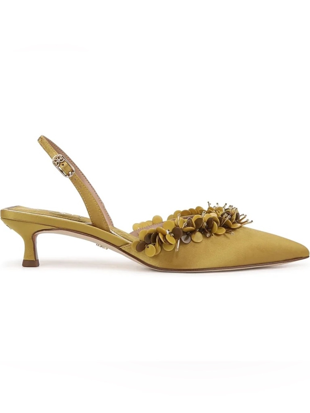 Sam Edelman Pointed Toe Slingback Satin Heels with Floral Appliqué - Mustard NIB - Picture 2 of 3